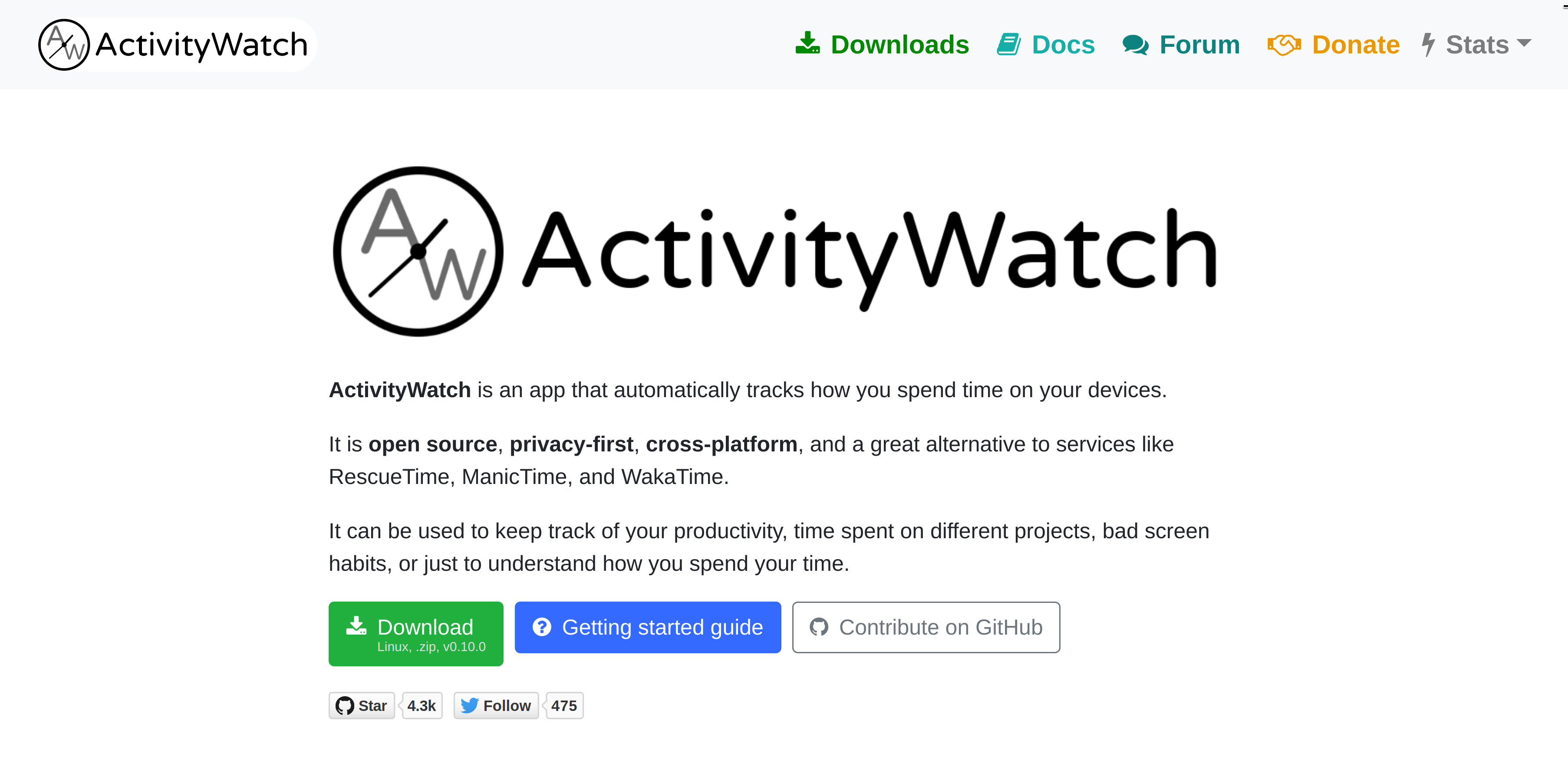 A screenshot of the ActivityWatch website